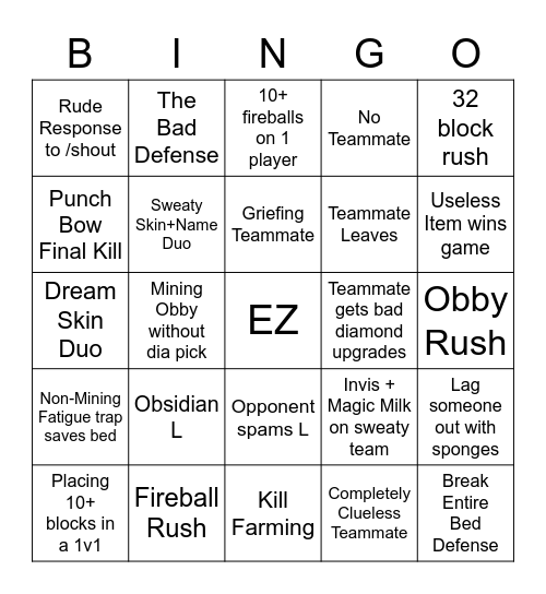 Bedwars Bingo Card