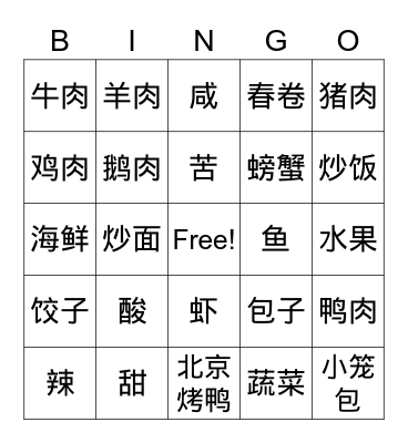 食物food Bingo Card