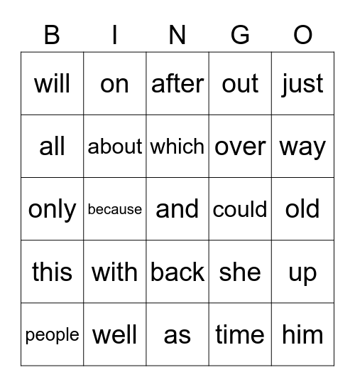 Word Reading Bingo Card