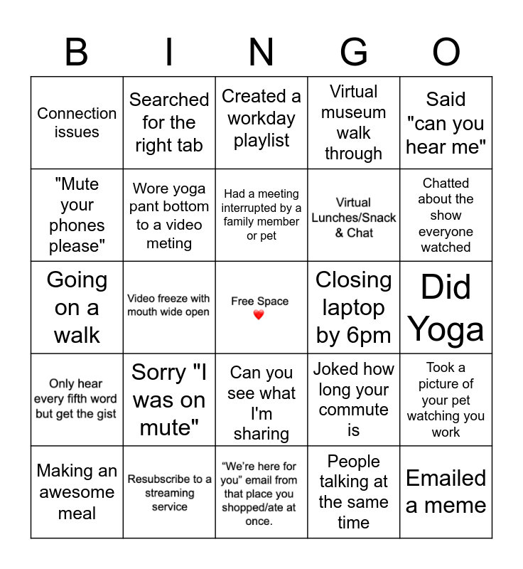 Remote Work Bingo Card