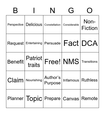 Vocabulary Bingo Card