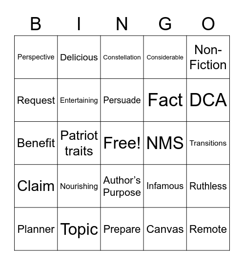 Vocabulary Bingo Card