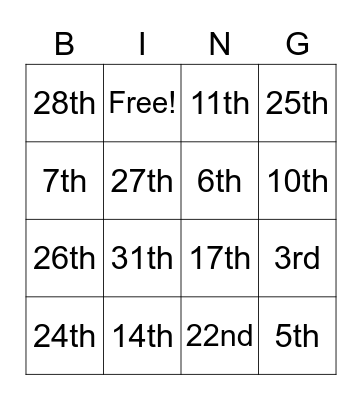 Ordinal Number Bingo Card