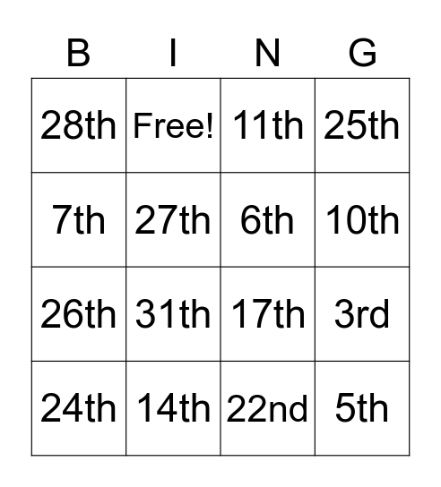 Ordinal Number Bingo Card