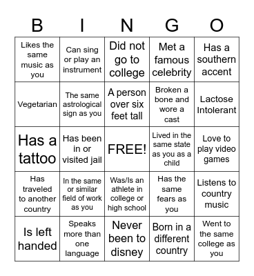 IceBreaker Bingo Card