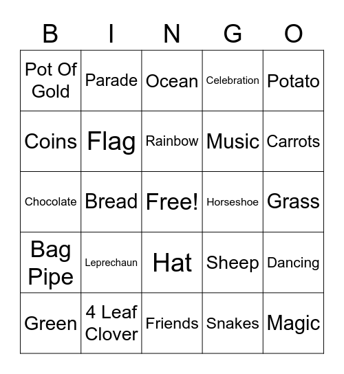 St Patrick's Day Bingo Card