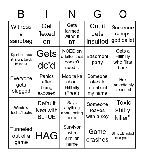 Dead by Daylight Bingo Card