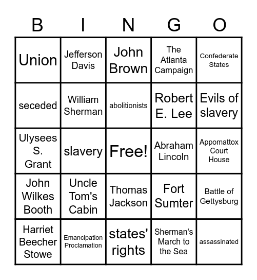 Civil War Bingo Card