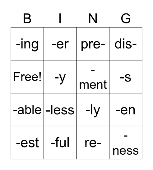 Prefixes and Suffixes Bingo Card