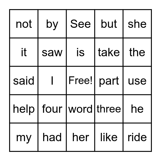 SIGHT WORD BINGO Card