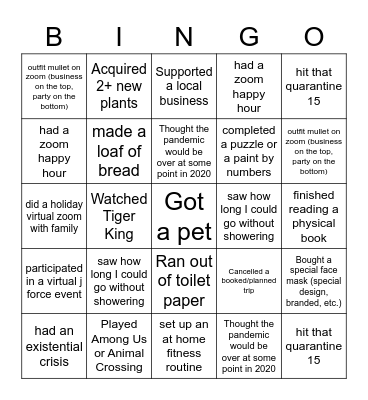 Quarantine Bingo Card