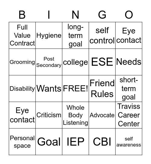 Social-Personal Vocabulary Bingo Card