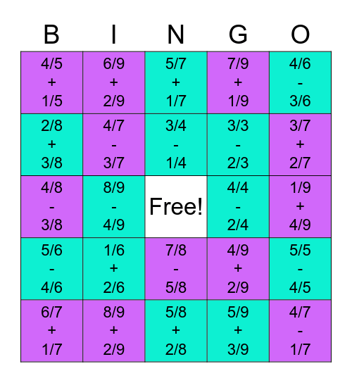 Fraction Bingo Card