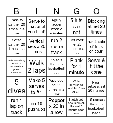 Volleyball 3.12.2021 Bingo Card