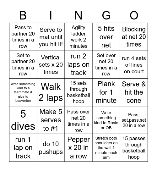 Volleyball 3.12.2021 Bingo Card