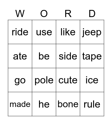 Long Vowel Sounds  Bingo Card