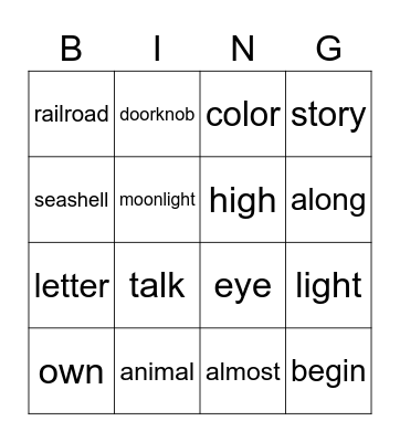 SIGHT WORD BINGO Card
