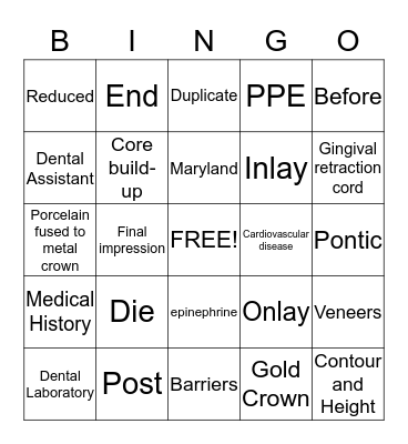 Fixed Prosthodontics Bingo Card