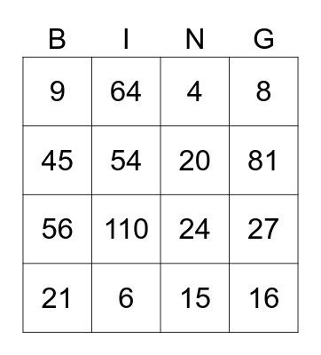 Multiplication Facts Bingo Card