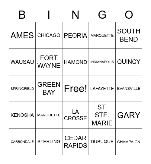 STATES AND MIDWEST CITIES Bingo Card