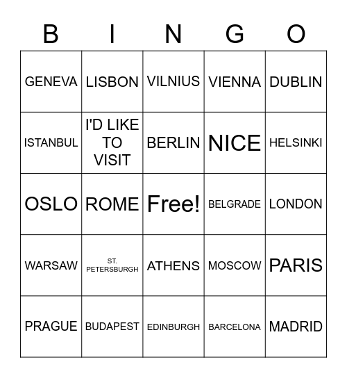 CITIES IN EUROPE Bingo Card