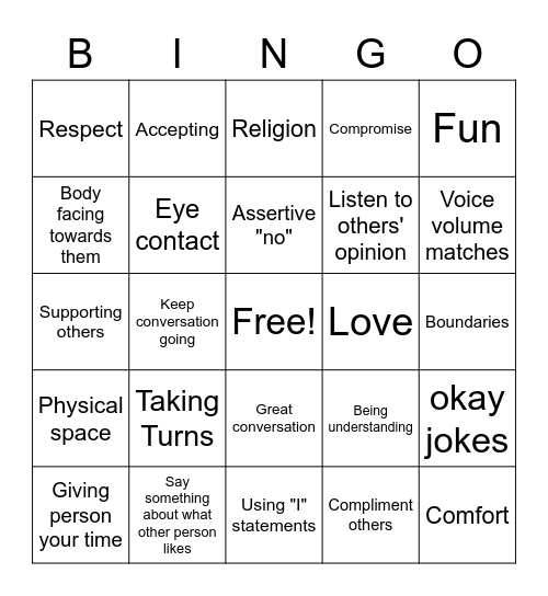 Social skills Bingo Card