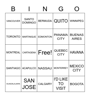 NORTH AMERICA/SOUTH AMERICA CITIES Bingo Card