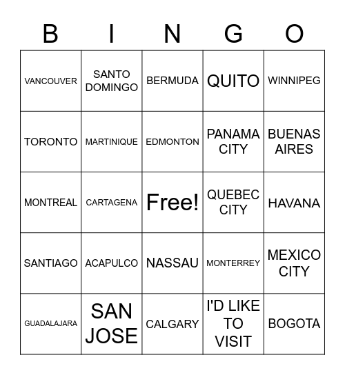 NORTH AMERICA/SOUTH AMERICA CITIES Bingo Card