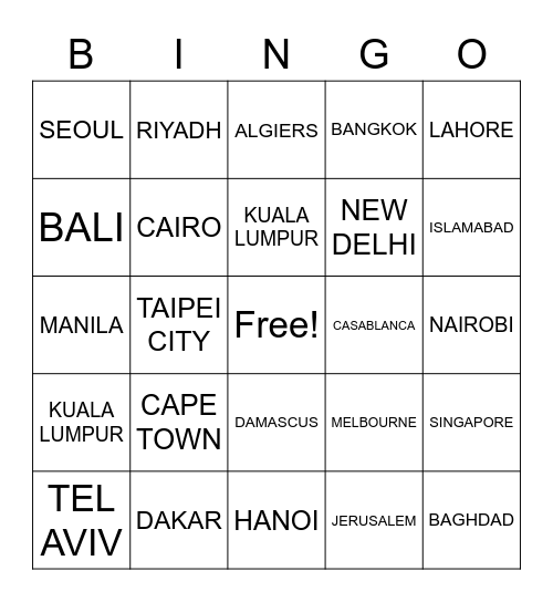 CITIES IN ASIA/PACIFIC AND AFRICA Bingo Card