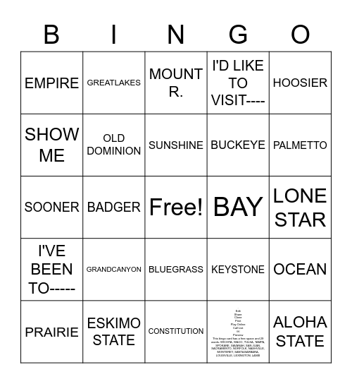 U.S.A. STATE NICKNAMES Bingo Card