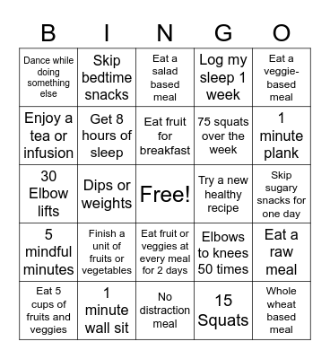 Food and Exercise Bingo Card