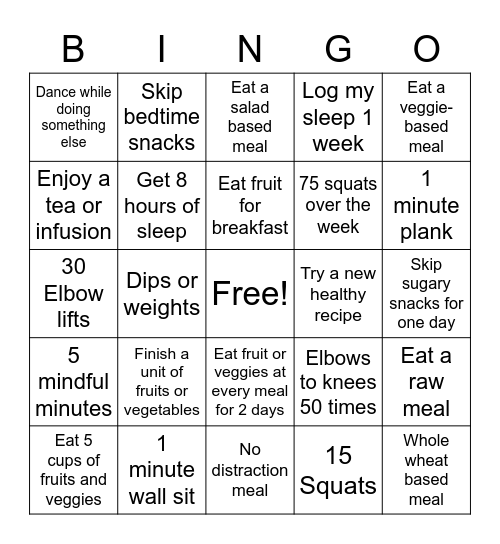 Food and Exercise Bingo Card