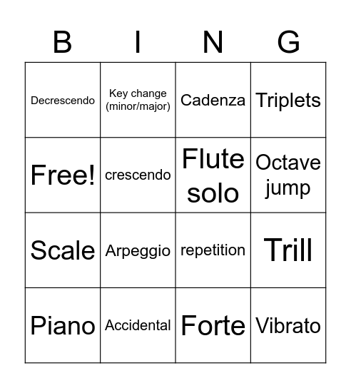 Mozart Concerto in G K.313 Mvt. 1 Bingo Card