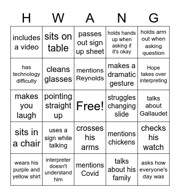 Hwang Bingo the Second Bingo Card