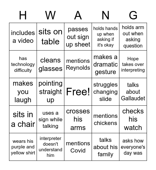 Hwang Bingo the Second Bingo Card