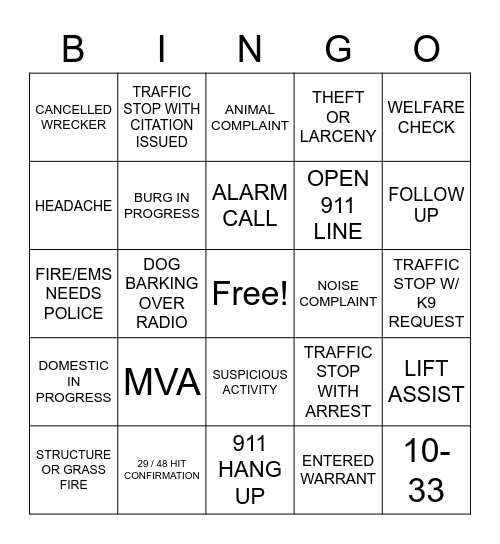 DISPATCH Bingo Card