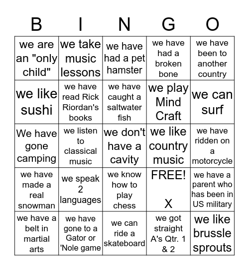 Classmate Bingo! Bingo Card