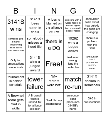 Robtics Tournament Bingo Card