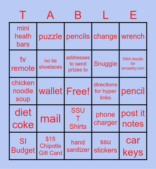 Mo's Dining Room Table BINGO Card