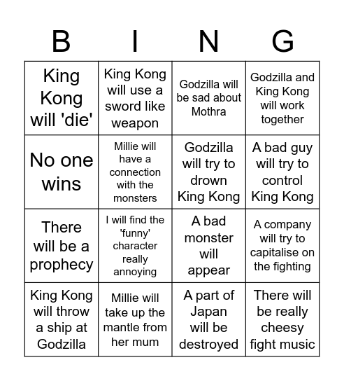 Godzilla vs King Kong Bingo Card