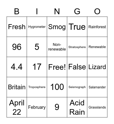 Environment Bingo Card