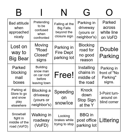 Forest Falls Flatlander Bingo Card