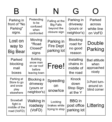 Forest Falls Flatlander Bingo Card