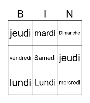 LES JOURS DE LA SEMAINE Bingo Card