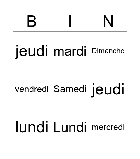 LES JOURS DE LA SEMAINE Bingo Card