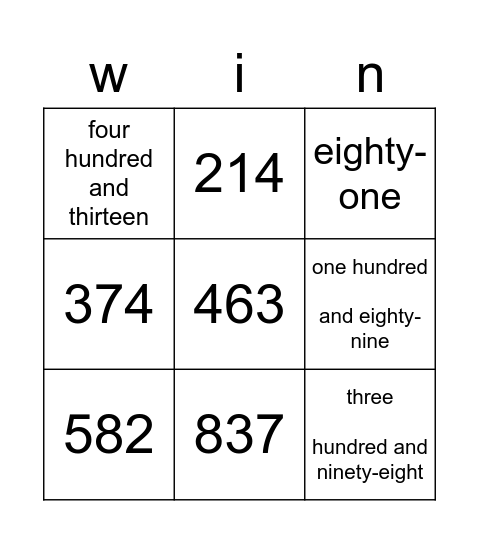 Number Match Bingo Card