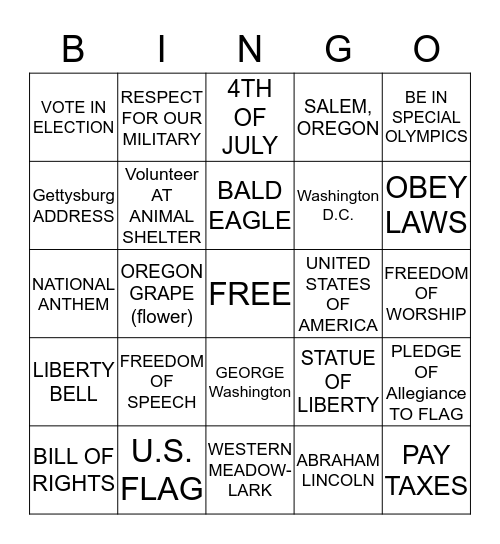 CIVICS BINGO Card