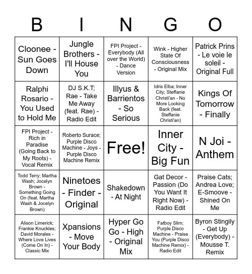 House Music Bingo Card