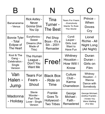 80S tunes Bingo Card