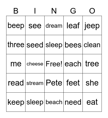 long e Bingo Card